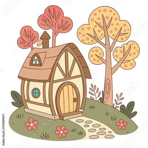 Whimsical cartoon cottage with trees and flowers house