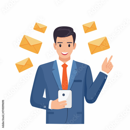 A businessman surrounded by envelopes with a phone