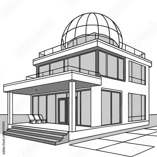 White modern villa with glass dome and patio house