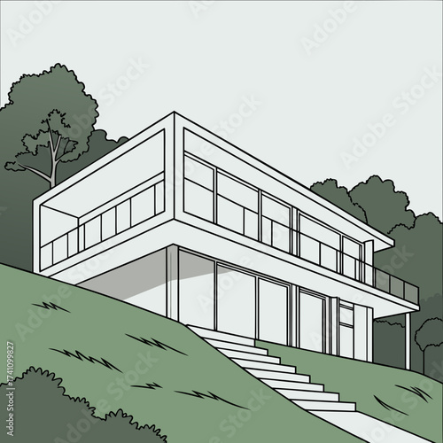 White villa with glass balcony on green hillside vector