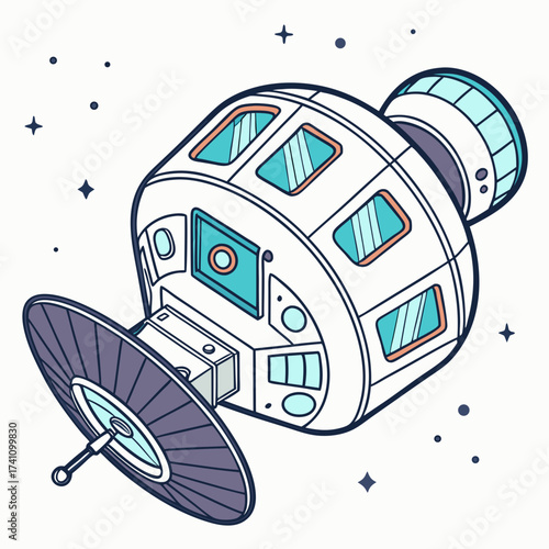 White spaceship pod with blue windows and satellite dish