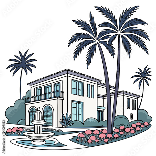 White villa with palm trees and fountain vector illustration