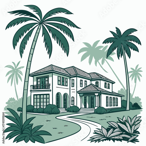 White villa with palm trees and garden path vector