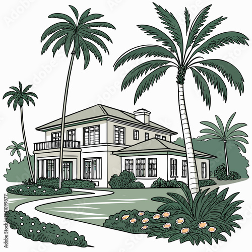 White villa with palm trees and garden vector illustration 1