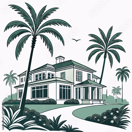 White villa with palm trees and garden vector illustration