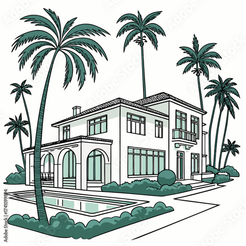 White villa with palm trees and swimming pool vector