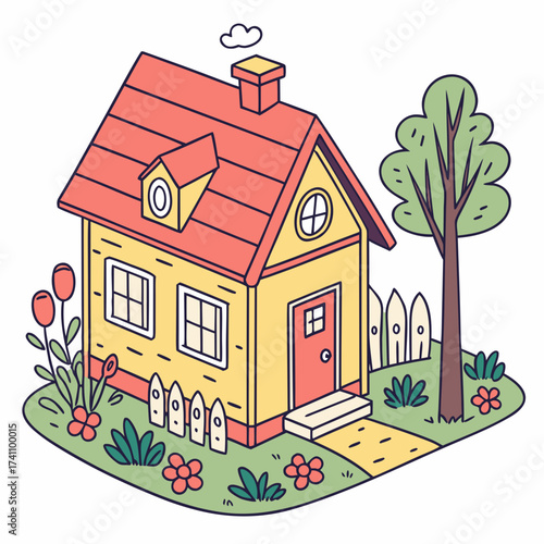 Yellow cartoon house with red roof and garden vector