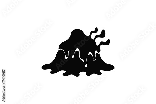 Abstract amorphous blob shape with flowing tendrils in a stark black silhouette against a clean white background silhouette