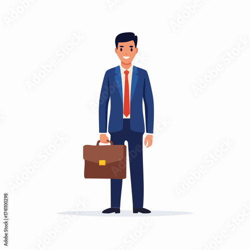 A cheerful businessman in a blue suit and orange tie holding a briefcase, standing against a clean white background with a professional and approachable mood.