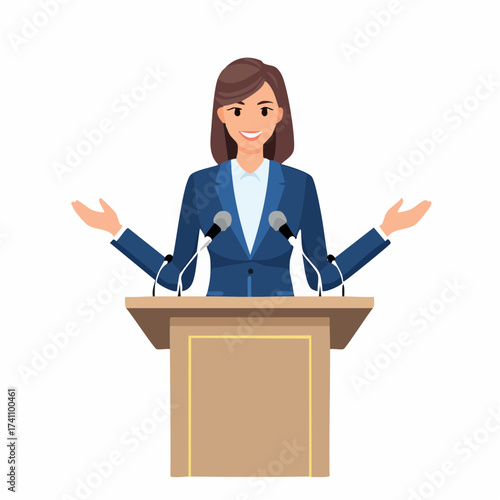 Cartoon illustration of a confident businesswoman standing behind a podium with microphones, gesturing with her hands, wearing a blue suit on a white background.