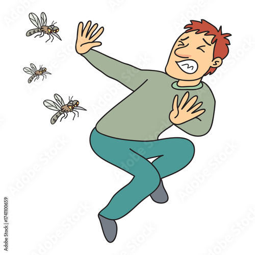 A Man Mosquito Scared of Mosquitoes Flying Around. Mosquito Scared, Mosquito Bite People. Cartoon Vector Illustration.    