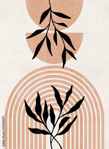 abstract botanical wall art in a boho, mid-century modern style. Minimalist leaf illustration with geometric arch shapes and neutral, earthy colors for home decor.