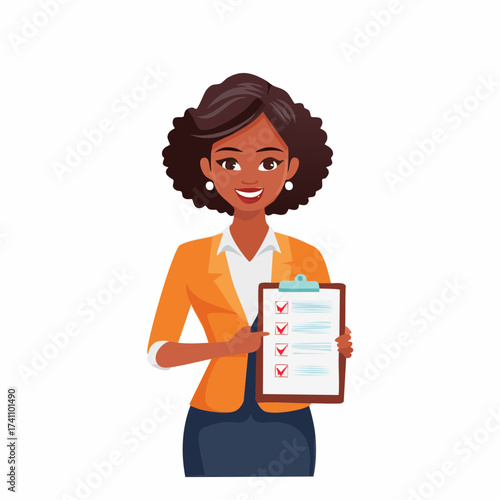Illustration of a smiling young businesswoman holding a clipboard with checkmarks on a list against a plain white background.
