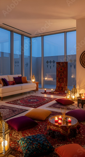 Cozy Moroccan-themed living room with floor cushions, lanterns, and city views at dusk.
