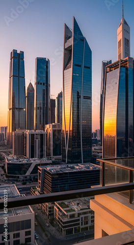 Modern Skyscrapers Reflecting Golden Sunset Light in a Bustling Cityscape.