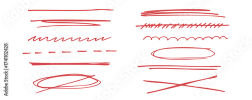 Collection of red marker lines for underlining and highlighting text. Hand drawn texture scribble pen stroke. Curved doodles for design sketch, banner, collage and note.
