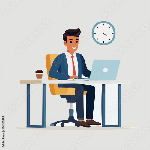 A smiling businessman in a blue suit works on a laptop at a desk with a cup of coffee and a clock on the wall in a simple office setting.