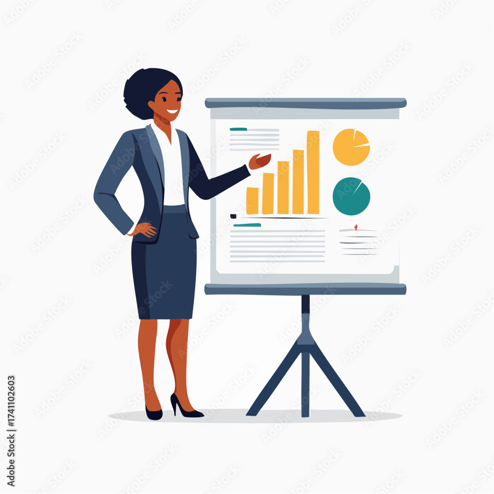 Fototapeta premium A professional young woman in business attire presenting a colorful bar graph on a flip chart with a cheerful expression and a clean white background.