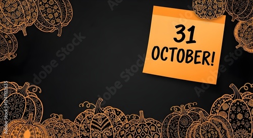 Creative Halloween banner featuring a border of ornamental pumpkins and a sticky note reminder for the October 31st celebration