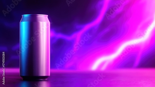 A sleek metallic can stands against an electrifying purple and blue background, creating a vibrant atmosphere