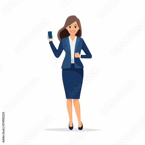 A cartoon businesswoman in a blue suit holding a smartphone and smiling, set against a plain white background with a professional and cheerful mood.