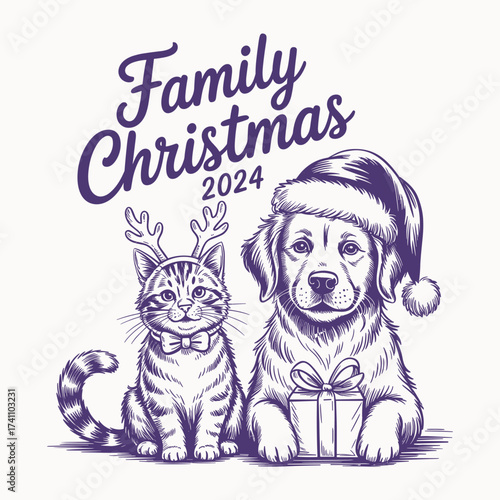 family christmas 2024 dog and cat tshirt design cute pet holiday artwork festive santa hat gift retro winter style