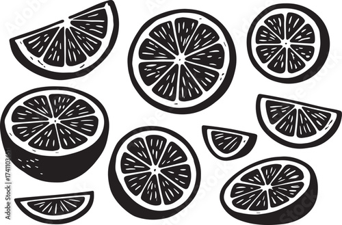 Citrus fruit linocut illustration with lemon and orange slices black and white vector engraving for fresh food label and packaging design