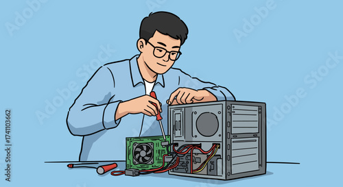 Computer Repair Technician Fixing a PC Tower Unit with Screwdriver