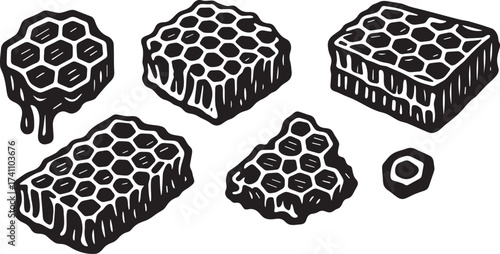 Honeycomb linocut illustration black and white engraving detailed wax structure for honey product label and organic packaging