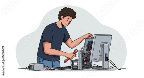 Young man engaged in computer hardware repair and maintenance, illustrating IT support and technological assistance