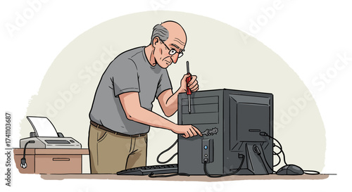 Senior Man Repairing a Desktop Computer with a Screwdriver