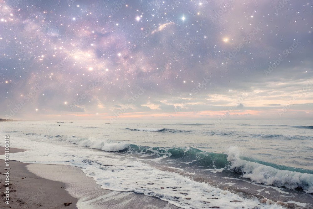 Obraz premium Minimal Space Background – Floating Stardust and Soft Glowing Nebula in Muted Cosmic Colors, Calm and Versatile