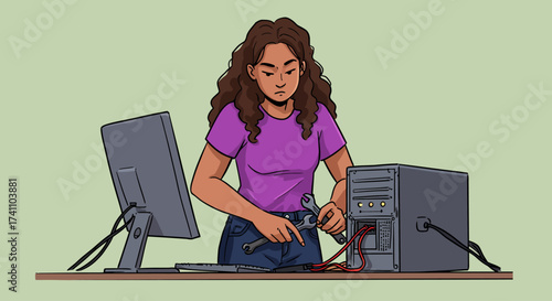Young woman repairing a computer with tools