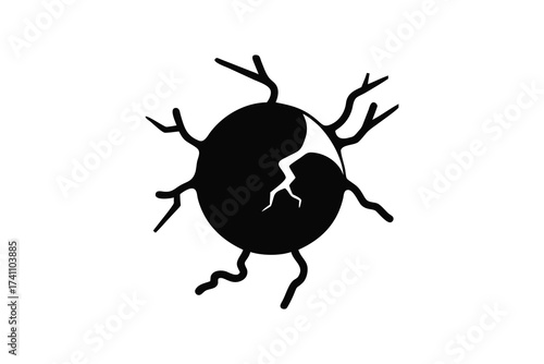 Abstract black silhouette of a stylized cell with branching tendrils against a white background representing life and growth silhouette