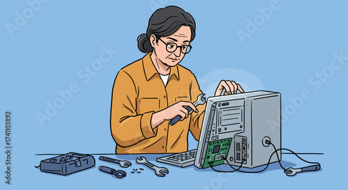 Woman Repairing a Computer Illustration of Technical Troubleshooting