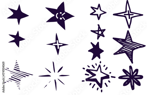 Black crayon hand drawn stars set. Childish doodled sparks and sparkles collection. Grunge rough brush stroke shine element pack for collage, poster, sticker. Kid sketched wax pencil symbols