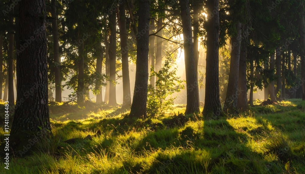Obraz premium Lush Forest Scene with Sunlight Streaming Through the Trees and Green Grass