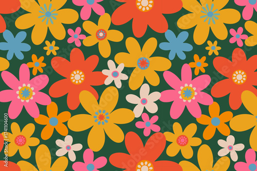 Bright seamless floral pattern with colorful abstract flowers on dark background. Trendy retro inspired vector design for textile, wallpaper, or wrapping paper.