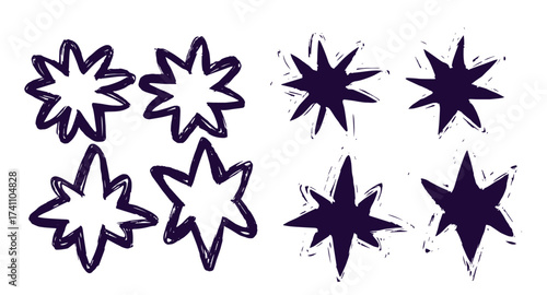 Black crayon hand drawn stars set. Childish doodled sparks and sparkles collection. Grunge rough brush stroke shine element pack for collage, poster, sticker. Kid sketched wax pencil symbols
