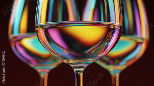 Three elegant wine glasses filled with a delightful liquid, creating beautiful reflections with colorful refractions 