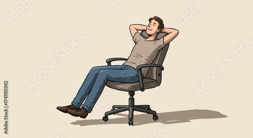 Young man relaxing comfortably in an office chair, feeling satisfied and at ease