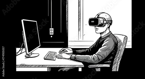 Virtual Reality User at Computer Immersive Experience