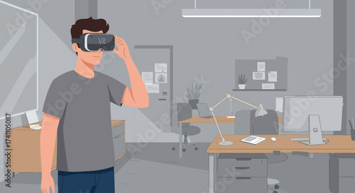 Man Experiencing Virtual Reality in an Office Setting