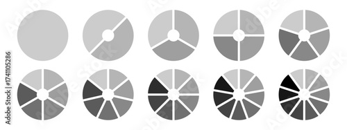 Set of grayscale circular charts and diagrams. Minimal geometric infographics elements for business, analytics, or presentation design.