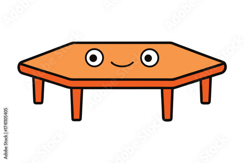 Vector art of a whimsical orange table with a smiling face, perfect for adding a touch of fun to any space, its unique shape and friendly expression are sure to delight