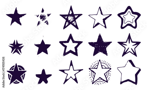 Black crayon hand drawn stars set. Childish doodled sparks and sparkles collection. Grunge rough brush stroke shine element pack for collage, poster, sticker. Kid sketched wax pencil symbols