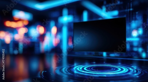 Wallpaper Mural Modern digital workspace with a large blank screen, glowing blue circular design, and vibrant background lights Torontodigital.ca