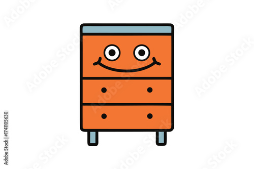 Illustration of a smiling orange chest of drawers with three drawers, two knobs on each drawer, and a blue top and legs for kids room decor