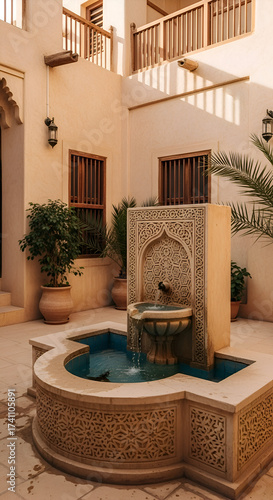 Traditional Arabian courtyard with an ornate stone water fountain.
