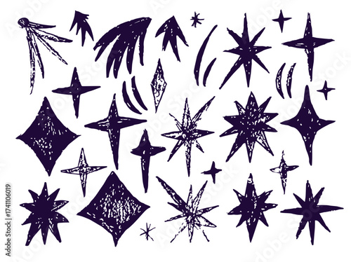 Black crayon hand drawn stars set. Childish doodled sparks and sparkles collection. Grunge rough brush stroke shine element pack for collage, poster, sticker. Kid sketched wax pencil symbols